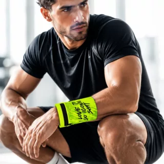 Handgelenktasche Neon Gelb-Grün mit Print – „Iconic Shit mann trägt die Tasche 2026