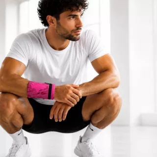 Handgelenktasche Ultra Pink Edition mit coolem SQUAT-Dreiecksprint model mann
