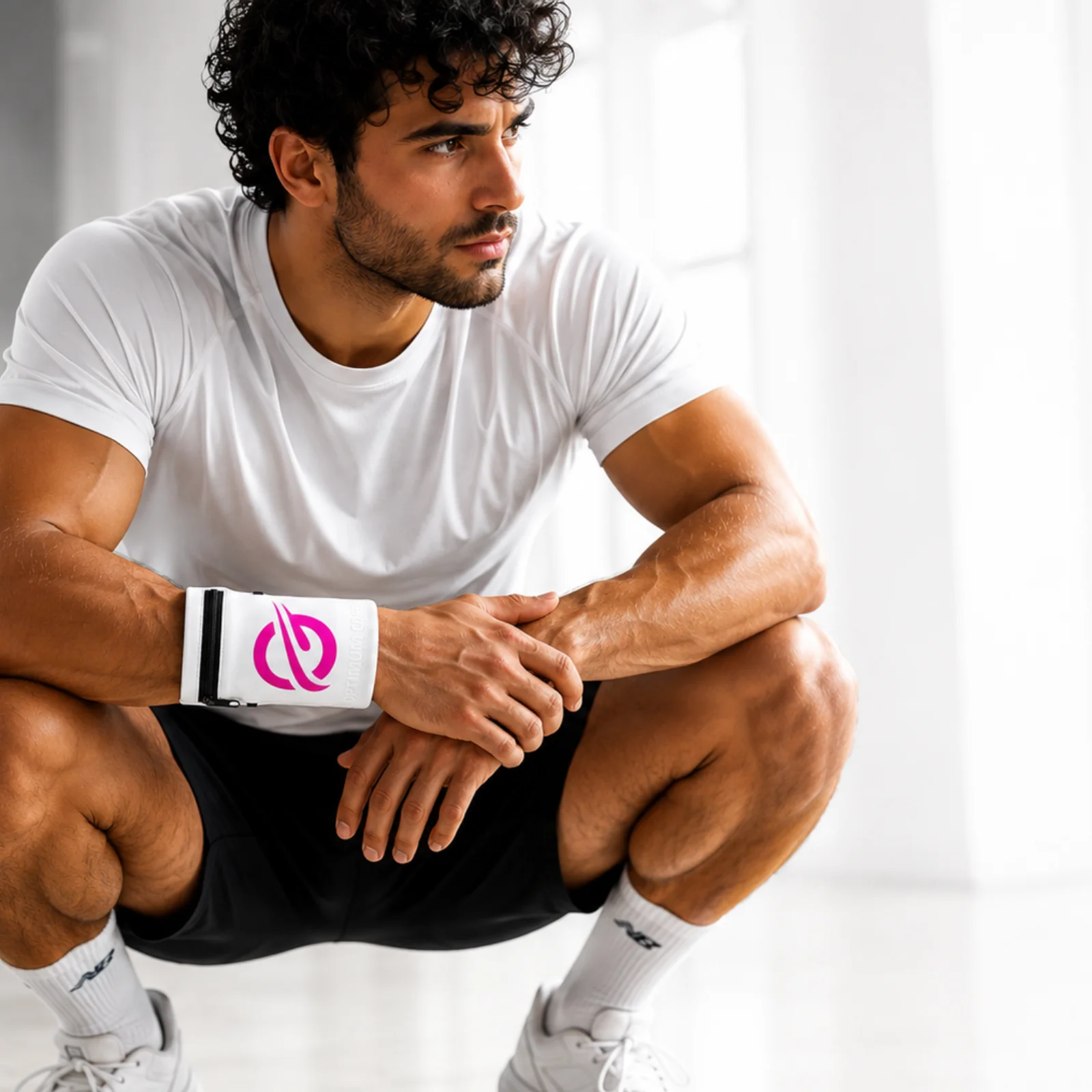 Optimum Core Handgelenktasche – Weiß mit Neonpink-Print Mann trägt tasche Optimum Core Handgelenktasche – Weiß mit Neonpink-Print Mann trägt tasche