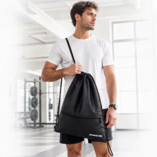 XL Gym Kordelzug Turnbeutel Sportbeutel Gym Bag weiß LOGO PRINT Edition Optimum Core schwarz 26 Tageslicht