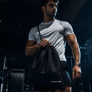 XL Gym Kordelzug Turnbeutel Sportbeutel Gym Bag weiß LOGO PRINT Edition Optimum Core schwarz 26 mann